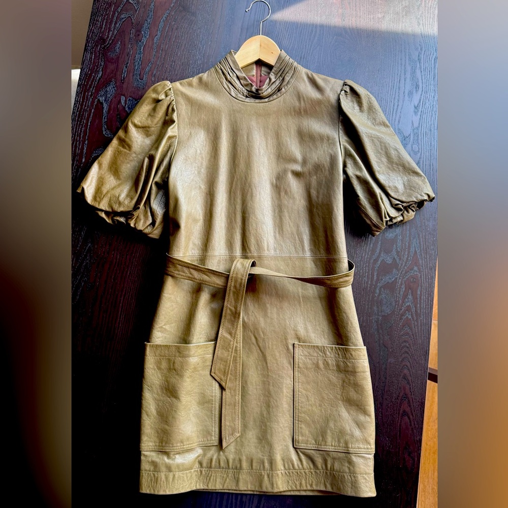 Frame genuine leather mini dress in olive green size S